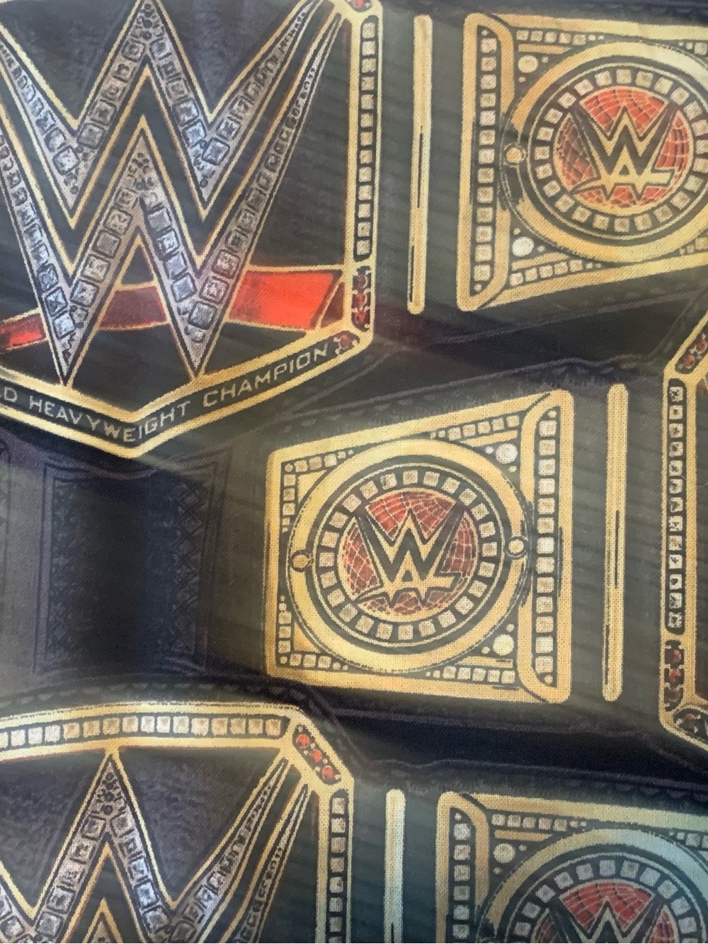 WWE Black Fabric with Gold and Red Championship Motif Brand New By The Yard